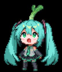 &gt;_&lt; 1girl animated animated_gif aqua_eyes aqua_hair aqua_necktie aqua_trim bare_shoulders black_skirt black_sleeves black_thighhighs blush detached_sleeves food grey_shirt hair_between_eyes hair_ornament hatsune_miku long_hair long_sleeves looking_up lowres necktie open_mouth pixel_art shirt simple_background skirt sleeveless sleeveless_shirt solo sonao spring_onion thighhighs transparent_background twintails vegetable vocaloid