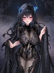 1girl asymmetrical_horns black_bodysuit black_cape black_hair black_nails blush bodysuit breasts cape cape_hold chronopattern_dress cleavage covered_groin cowboy_shot crossed_bangs dark_background earrings eyelashes fingernails glowing_horns hashtag-only_commentary highres hololive hololive_english horns jewelry large_breasts long_hair looking_at_viewer meme_attire miuq_chan nerissa_ravencroft parted_lips red_eyes see-through_bodysuit see-through_cleavage see-through_clothes solo standing straight-on uneven_horns virtual_youtuber