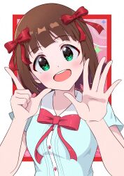 1girl amami_haruka aqua_shirt blush border bow bowtie breasts brown_hair commentary green_eyes hair_bow hands_up highres idolmaster idolmaster_(classic) idolmaster_million_live! idolmaster_million_live!_theater_days index_finger_raised looking_at_viewer open_mouth outside_border red_bow red_bowtie shirt short_hair short_sleeves smile solo teeth twwibql2kktg5am upper_body upper_teeth_only white_border