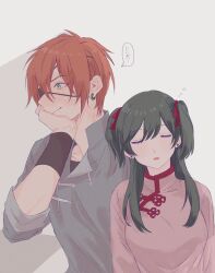 1boy 1girl black_shirt blush china_dress chinese_clothes closed_eyes closed_mouth d.gray-man dress earrings eyepatch green_eyes green_hair grey_shirt hair_ribbon hand_on_own_chin highres jewelry lavi leaning_on_person lenalee_lee light_smile long_hair looking_to_the_side one_eye_covered open_mouth orange_hair pink_shirt red_ribbon red_stripes ribbon richiumu shadow shirt short_twintails sleeping speech_bubble striped_clothes striped_shirt sweat t-shirt twintails wristband