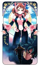 Rule 34 | boku no hero academia, cape, cloud, cloudy sky, dashlix, headgear, highres, midoriya izuku, night, night sky, skin tight, sky, stained glass, star (symbol), uraraka ochako