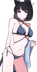 1girl animal_ears bikini black_eyes blue_archive blue_bikini breasts cat_ears cat_girl cat_tail highres kikyou_(blue_archive) kikyou_(swimsuit)_(blue_archive) looking_at_viewer medium_breasts navel official_alternate_costume short_hair simple_background solo swimsuit tail white_background yuntaro_(ramen_star)