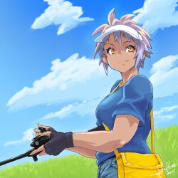 1girl bag black_gloves blue_shirt blue_sky breasts closed_mouth cloud commentary_request dark-skinned_female dark_skin dated day eyelashes fang fingerless_gloves fishing_rod gloves grass grey_hair handbag hat highres holding holding_fishing_rod hori_shin original outdoors shirt short_hair short_sleeves signature sky smile solo tan toned toned_female very_short_hair visor_cap white_hat yellow_bag yellow_eyes