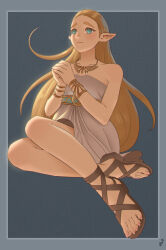 1girl absurdres aqua_eyes artist_logo blonde_hair blush border brown_sandals closed_mouth collarbone commentary dress english_commentary feet forehead full_body gladiator_sandals grey_background grey_border grey_dress hands_up highres jewelry legs logo long_hair looking_to_the_side mohoshadream nail_polish necklace nintendo own_hands_together patterned_background pink_nails pointy_ears princess_zelda sandals short_dress sitting solo strapless strapless_dress the_legend_of_zelda the_legend_of_zelda:_breath_of_the_wild toenail_polish toenails toes