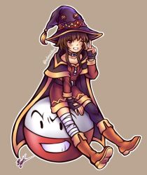 Rule 34 | 1girl, absurdres, bandaged leg, bandages, belt, black gloves, black thighhighs, blush, boots, brown footwear, brown hair, cape, clenched teeth, collar, collarbone, commentary request, crossover, dress, electrode (pokemon), fingerless gloves, gen 1 pokemon, gloves, hat, highres, kono subarashii sekai ni shukufuku wo!, looking at viewer, megumin, mixed-language commentary, nintendo, octoppoi, one eye closed, outline, pokemon, pokemon (creature), red dress, red eyes, short hair with long locks, signature, single thighhigh, sitting, smile, teeth, thighhighs, trait connection, v, white outline, witch hat