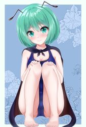 1girl absurdres alternate_costume antennae barefoot black_cape blue_background blue_one-piece_swimsuit blush breasts cape cleavage closed_mouth floral_background full_body green_eyes green_hair highres looking_at_viewer medium_breasts muki_(munikichan) one-piece_swimsuit school_swimsuit short_hair sitting smile solo swimsuit touhou wriggle_nightbug