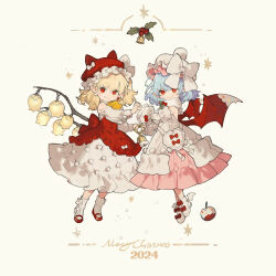 Rule 34 | 2024, 2girls, alternate costume, apple, ascot, bare shoulders, bat wings, bell, blonde hair, blue hair, bow, chinese commentary, commentary, detached sleeves, dress, earrings, fang, flandre scarlet, food, footwear bow, fruit, full body, hat, hat bow, heart, heart earrings, holding, holding bell, holding hands, holly, interlocked fingers, jewelry, long sleeves, looking at viewer, mary janes, medium hair, merry christmas, multiple girls, pointy ears, pom pom (clothes), red bow, red dress, red hat, red shoes, remilia scarlet, scarf, shoes, siblings, simple background, sisters, skin fang, socks, starshadowmagician, touhou, two-tone dress, white background, white bow, white dress, white hat, white scarf, white shoes, white socks, winged footwear, wings, yellow ascot