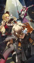1girl 2boys :d ;d absurdres alban_knox alban_knox_(1st_costume) antenna_hair arm_up belt black_belt black_choker black_gloves black_hat black_hoodie black_jacket black_mask black_necktie black_pants black_skirt black_thighhighs blonde_hair breasts brooch brown-tinted_eyewear brown_hair bug building butterfly butterfly_brooch butterfly_hat_ornament card chain chest_harness choker city coat collared_shirt commentary condenser_unit crossed_bangs diamond_(gemstone) drawstring english_commentary eye_mask eyelashes facial_mark fangs fishnets frilled_shirt frilled_shirt_collar frilled_skirt frills full_moon gem glasses gloves glowing_butterfly gradient_thighhighs grey_coat grey_eyes hair_between_eyes hand_on_own_hip hand_up harness hat hat_ornament heart heart_facial_mark high-waist_skirt highres holding holding_card holding_gem hood hood_down hoodie insect jacket jewelry large_breasts light_particles long_hair long_sleeves looking_at_viewer luis_cammy luis_cammy_(7th_costume) mask mini_hat mini_top_hat mole mole_under_mouth moon multiple_boys necktie night night_sky nijisanji nijisanji_en o-ring o-ring_harness off_shoulder one_eye_closed open_clothes open_coat open_jacket open_mouth orange_gloves outdoors pants parted_bangs playing_card puffy_long_sleeves puffy_sleeves purple_hair red_eyes red_gloves red_shirt red_thighhighs reg_(regulus_iii) round_eyewear shirt short_hair short_necktie sidelocks sitting skirt sky skyscraper sleeveless sleeveless_shirt smile sparkle spotlight standing thigh_strap thighhighs tinted_eyewear top_hat two-sided_fabric two-sided_jacket two-tone_gloves virtual_youtuber watarai_hibari watarai_hibari_(1st_costume) white_shirt