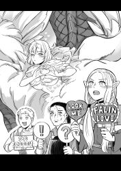 2boys 2girls armor belt black_hair blush braid brother_and_sister capelet chimera choker dungeon_meshi elf falin_touden falin_touden_(chimera) feathers fuyuu_seibutsu greyscale heart heart_hands highres idol japanese_armor laios_touden long_hair marcille_donato medium_hair monochrome multiple_boys multiple_girls pointy_ears ponytail robe scales short_hair shurou siblings sign spoken_star star_(symbol) sweatdrop taur twintails