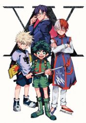 4boys adjusting_eyewear bakeddeer bakugou_katsuki blue_shorts boku_no_hero_academia boots business_suit crossed_arms crossover fishing_rod formal_clothes gon_freecss green_boots green_shirt green_shorts holding holding_fishing_rod holding_skateboard hunter_x_hunter iida_tenya killua_zoldyck kurapika leorio_paladiknight midoriya_izuku multicolored_hair multiple_boys scar scar_across_eye scar_on_face shirt short_hair shorts signature skateboard spiked_hair standing suit teeth todoroki_shoto upper_teeth_only
