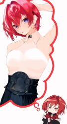 1girl =_= alternate_breast_size ange_katrina ange_katrina_(1st_costume) ange_katrina_(2nd_costume) arm_behind_head arm_up armpits black_coat black_skirt blue_eyes blush_stickers breasts cardigan closed_eyes closed_mouth coat collared_shirt commentary_request crossed_arms hair_between_eyes hair_intakes halter_shirt halterneck head_tilt high-waist_skirt highres imagining lipstick long_sleeves looking_at_viewer makeup medium_breasts multiple_views nijisanji off_shoulder pleated_skirt presenting_armpit red_cardigan red_hair shirt shirt_tucked_in short_hair simple_background skirt sleeveless sleeveless_shirt smile speech_bubble split_mouth thought_bubble ucawelksds71548 v-shaped_eyebrows virtual_youtuber white_background white_shirt
