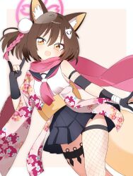 \m/ absurdres animal_ears black_gloves black_skirt blue_archive border brown_hair deraishi dutch_angle fingerless_gloves fishnet_thighhighs fishnets fox_ears fox_girl gloves highres izuna_(blue_archive) kunai looking_at_viewer mask mask_on_head neckerchief open_mouth orange_eyes outside_border pleated_skirt red_neckerchief shirt single_thighhigh skirt sleeveless sleeveless_shirt thigh_strap thighhighs weapon white_border white_shirt