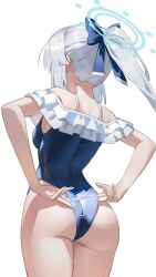 1girl absurdres adjusting_clothes adjusting_swimsuit ass blue_archive blue_bow blue_halo blue_one-piece_swimsuit bow commentary_request fingernails frilled_one-piece_swimsuit frills from_behind grey_hair hair_bow halo highres long_hair miyako_(blue_archive) miyako_(swimsuit)_(blue_archive) official_alternate_costume one-piece_swimsuit ponytail shortofsugar simple_background solo swimsuit wet white_background