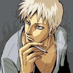 1boy akagi akagi:_yami_ni_oritatta_tensai akagi_shigeru cigarette collared_shirt fukumoto_mahjong holding holding_cigarette lowres male_focus shirt simple_background smoke solo tagme