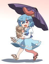 2girls :3 :d animal_ears blonde_hair blue_eyes blue_hair blue_skirt blue_vest blush carrying carrying_person cat_ears closed_eyes commentary_request fox_girl fox_tail full_body geta green_ribbon heterochromia highres holding holding_umbrella juliet_sleeves karakasa_obake kudamaki_tsukasa long_sleeves multiple_girls open_mouth puffy_sleeves purple_umbrella red_eyes ribbon rokugou_daisuke shirt short_hair signature skirt sleeve_ribbon smile tail tatara_kogasa touhou umbrella vest walking white_romper white_shirt