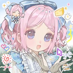 1girl bead_bracelet beads blue_bow blue_dress blue_eyes blue_shoes blue_sky bow bowtie bracelet bubble bubble&#039;s_hometown_(infinity_nikki) bug butterfly buttons center_frills cheese chibi circlet collared_shirt cursor daisy_(flower) dot_nose dress eyelashes field flower flower_field food frilled_dress frilled_gloves frills gloves hair_beads hair_bow hair_ornament hands_on_own_cheeks hands_on_own_face happy highres infinity_nikki insect jewelry lake light_blush looking_ahead mountainous_horizon multiple_views nikki_(series) object_floating_above_hand open_mouth pinafore_dress pink_hair puffy_short_sleeves puffy_sleeves shirt shoes short_dress short_hair short_sleeves sky sleeveless sleeveless_dress smile sparkle star_(symbol) striped_bow suannai_pidong tareme two_side_up upper_body white_bow white_bowtie white_butterfly white_flower white_gloves white_shirt