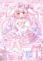 1girl animal_ears blush book bow box commentary_request dress flower gift gift_box hair_ornament hanasaki_chiyu hanasakichu heart heart_hair_ornament highres holding indie_virtual_youtuber juliet_sleeves lolita_fashion long_hair long_sleeves looking_at_viewer open_mouth pastel_colors pink_eyes pink_hair pink_theme puffy_sleeves rabbit_ears rabbit_girl ribbon rose sheep shoes smile solo sweet_lolita twintails very_long_hair virtual_youtuber yume_kawaii