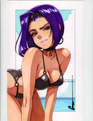 Rule 34 | 1girl, bikini, breasts, choker, cleavage, cowboy bebop, faye valentine, green eyes, hairband, midriff, omar dogan, pink lips, purple hair, short hair, smile, solo, swimsuit