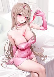 1girl absurdres arm_up armpit_crease bare_shoulders breasts brown_hair bust_cup chano39 choker cleavage covered_erect_nipples covered_navel crossed_legs cup dress drinking_glass elbow_gloves gloves goddess_of_victory:_nikke grin highres holding holding_cup horns large_breasts long_hair looking_at_viewer pink_choker pink_dress pink_gloves pouring pouring_onto_self red_eyes short_dress sitting smile solo strapless strapless_dress thighs very_long_hair viper_(nikke)