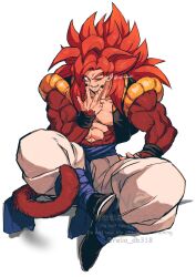 Rule 34 | 1boy, biceps, blue eyes, blue sash, body fur, dragon ball, dragon ball gt, gogeta, highres, looking at viewer, male focus, metamoran vest, monkey boy, monkey tail, muscular, muscular male, no nipples, pants, pectorals, red hair, relio db318, sash, simple background, smile, solo, spiked hair, super saiyan, super saiyan 4, tail, veins, veiny hands, white pants