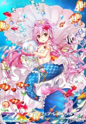 1girl artist_name breasts brown_eyes bubble clownfish copyright_logo copyright_name copyright_notice crystal crystal_ball earrings fish floating_hair flower fujima_takuya hair_flower hair_ornament hibiscus jewelry mermaid monster_girl ocean pink_hair scales seashell shell shell_earrings small_breasts tail tail_ornament tartini_(z/x) too_many too_many_fish trading_card tropical_fish z/x