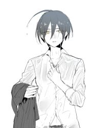 1boy black_hair black_jacket black_pants blazer clothing_cutout collarbone collared_shirt commentary_request cowboy_shot danganronpa_(series) danganronpa_v3:_killing_harmony dress_shirt eyelashes eyes_visible_through_hair hair_between_eyes holding holding_jacket holding_unworn_clothes jacket kogarashi_8 male_focus navel pants parted_lips pectoral_cleavage pectorals pinstripe_jacket pinstripe_pattern saihara_shuichi shirt short_hair simple_background solo standing stomach_cutout unbuttoning unworn_jacket water_drop wet white_background white_shirt