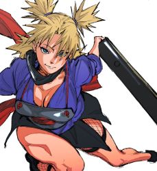 1girl blonde_hair blue_eyes breasts cleavage fan fishnets headband naruto_(series) naruto_shippuuden scarf skirt temari_(naruto) thighs twintails umkaqryi