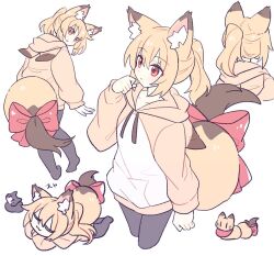 1girl :3 animal_ear_fluff animal_ear_hood animal_ears animalization black_pantyhose blonde_hair bow cat closed_eyes cowboy_shot cropped_legs crossed_arms fake_animal_ears fox fox_ears fox_girl fox_tail from_behind full_body hair_between_eyes hood hoodie lying multiple_views on_stomach orange_hoodie original pantyhose person_and_animalization ponytail red_bow red_eyes simple_background sleeping suzuno_(suzuno3110) tail tail_bow tail_ornament white_background