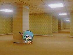 1girl backrooms_(creepypasta) blue_eyes blue_hair ceiling commentary english_commentary full_body heterochromia highres indoors liminal_space looking_down powerpuff_girls powerpuff_girls_(style) purple_umbrella red_eyes sad short_hair sitting sleepymoon solo tatara_kogasa tearing_up tile_ceiling tiles touhou umbrella