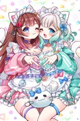 2girls :3 absurdres ahoge animal_ears apron ayamy_(vtuber) blue_bow blue_eyes blush bow breasts broken_heart broken_heart_hair_ornament brown_hair cat_ears cat_o-ring cat_tail choker cleavage dress frilled_apron frilled_dress frills gradient_hair green_dress green_hair hair_ornament heart heart_apron heart_hands heart_hands_duo heart_o-ring heart_ring_choker highres indie_virtual_youtuber jersey_maid long_hair looking_at_viewer maid maid_headdress mint_fantome multicolored_hair multiple_girls o-ring o-ring_choker one_eye_closed open_mouth pointy_ears rabio_(labi555) smile tail thigh_strap triangular_headpiece two_side_up unconventional_maid virtual_youtuber white_hair white_headdress wisps_(mint_fantome) x_hair_ornament