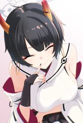 1girl absurdres arm_under_breasts bare_shoulders black_gloves black_hair black_pants blue_archive blunt_bangs breasts broken_horn closed_eyes closed_mouth demon_girl demon_horns detached_sleeves finger_to_mouth fingerless_gloves from_above gloves highres horns japanese_clothes kimono large_breasts looking_at_viewer niya_(blue_archive) pants short_hair sideboob sidelocks smile solo tachi_(bokarokazoku) white_kimono