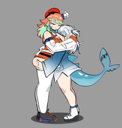 2girls ass beret between_breasts blue_hair blue_hoodie blush breasts closed_eyes commentary detached_sleeves fins fish_tail from_side full_body gawr_gura gawr_gura_(1st_costume) grabbing_another&#039;s_ass green_hair grey_background groping hair_ornament hat head_between_breasts highres hololive hololive_english hood hoodie hug large_breasts long_hair long_sleeves microskirt mini_chef_hat multicolored_hair multiple_girls multiple_hats orange_hair peagade red_hat shark_girl shark_hair_ornament shark_tail simple_background skirt standing streaked_hair symbol-only_commentary tail takanashi_kiara takanashi_kiara_(1st_costume) thighhighs two-tone_hair two_side_up virtual_youtuber white_hair white_hat white_sleeves white_thighhighs wide_sleeves yuri