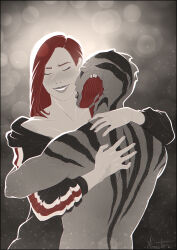 Rule 34 | alien, archive of our own, bare shoulders, commander shepard, commander shepard (female), drell, hand on another&#039;s back, highres, hug, kissing neck, mass effect (series), n7 hoodie, nimueth, smile, thane krios
