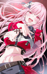 1girl :d absurdres black_pants blunt_bangs bow center_frills collared_shirt commentary cropped_shirt detached_sleeves floating_hair frills hair_bow highres hololive hololive_english hololive_idol_uniform_(color_rise) idol_clothes kamiya_maneki long_hair looking_at_viewer midriff mori_calliope multicolored_shirt navel navel_peek official_alternate_costume open_mouth pants pink_hair puffy_detached_sleeves puffy_short_sleeves puffy_sleeves red_eyes shirt short_sleeves sidelocks single_detached_sleeve single_sleeve smile solo sweat virtual_youtuber white_shirt