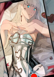 1girl 2024 absurdres bare_shoulders blonde_hair blue_eyes blunt_bangs blush body_writing candy chocolate chocolate_heart ecomoesty food heart heart-shaped_food highres long_hair looking_at_viewer lying mechabare original shoulder_blush smile valentine