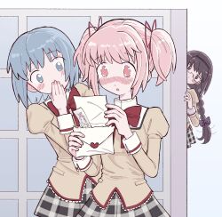 3girls akemi_homura black_hair blue_hair blush bow bowtie braid bunniemg covering_own_mouth highres holding holding_letter implied_yuri kaname_madoka letter long_hair love_letter mahou_shoujo_madoka_magica miki_sayaka mitakihara_school_uniform multiple_girls peeking_out pink_hair plaid_clothes plaid_skirt puffy_sleeves red_bow red_bowtie school_uniform semi-rimless_eyewear short_hair short_twintails skirt twintails