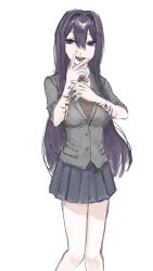 1girl arms_up black_eyes black_skirt bleeding blood breasts collared_shirt doki_doki_literature_club green_vest hair_between_eyes highres holding_own_hand injury knees_together_feet_apart long_hair looking_at_viewer multiple_scars open_mouth purple_hair sanmanako scar scar_on_arm school_uniform shirt skirt solo teeth tongue tongue_between_fingers tongue_out upper_body upper_teeth_only v very_long_hair vest white_background white_shirt wrist_cutting yuri_(doki_doki_literature_club)