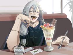1boy absurdres black_eyes black_shirt blue_eyes blue_hair cup food fruit hair_between_eyes hand_up heterochromia highres holding holding_spoon indoors jujutsu_kaisen kiwi_(fruit) kiwi_slice knot long_hair looking_at_viewer mahito_(jujutsu_kaisen) male_focus napkin nekozuki_(usagi0705) open_mouth parfait patchwork_skin pudding shirt short_sleeves smile solo spoon strawberry table tongue upper_body