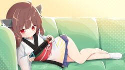 Rule 34 | 1girl, ahoge, blush, brown hair, closed mouth, couch, full body, handheld game console, headgear, highres, holding, holding handheld game console, japanese clothes, kimono, looking at viewer, lying, nintendo switch, on couch, on side, red eyes, sechin, short kimono, short yukata, signature, skirt, socks, solo, sparkle, touhoku kiritan, voiceroid, white socks, yukata