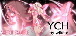 1girl arm_ribbon artist_name bare_shoulders black_background blonde_hair blue_eyes bright_pupils cleavage_cutout clothing_cutout commentary crop_top english_commentary english_text eyelashes eyeshadow facial_tattoo fairy_wings foot_out_of_frame glitter gloves glowing glowing_clothes glowing_wings hair_between_eyes halter_shirt halterneck happy heart heart_cutout heart_tattoo high_heels highres leg_ribbon light_blush long_hair looking_at_another looking_at_viewer magical_girl makeup miniskirt multiple_views open_mouth original parted_bangs pencil_skirt pink_eyeshadow pink_gloves pink_ribbon pink_shirt pink_shoes pink_skirt pink_theme pink_wings platform_shoes ribbon shirt shoes sidelocks signature skirt skirt_set smile sparkle tattoo teeth thick_eyebrows upper_teeth_only watermark white_pupils wikate wings winx_club ych_commission