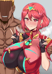 1boy 1girl absurdres black_gloves blonde_hair blush breasts cheating_(relationship) chest_jewel circlet core_crystal_(xenoblade) dark-skinned_male dark_skin double_w earrings evil_grin evil_smile faceless faceless_male fingerless_gloves gatyo_5 gloves grey_background grin heart hetero highres huge_breasts jewelry looking_at_viewer medium_hair muscular muscular_male netorare pyra_(xenoblade) red_eyes red_hair short_sleeves simple_background smile solo_focus steaming_body sweat swept_bangs upper_body w xenoblade_chronicles_(series) xenoblade_chronicles_2