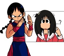 2girls ? azumanga_daioh&#039;s_school_uniform azumanga_daiou black_hair blue_dress braid chi-chi_(dragon_ball) china_dress chinese_clothes confused cosplay crossover dragon_ball dress frown kasuga_ayumu long_hair martial_arts multiple_girls pelvic_curtain rachel_handlebarz school_uniform side_slit twin_braids white_background woolskullman yuri