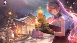 2girls abroccoli absurdres artist_logo artist_name aurora bare_shoulders braid braided_hair_rings breasts brown_gloves christmas christmas_tree dress gift gloves hair_rings hat highres holding holding_gift house indie_virtual_youtuber large_breasts logo long_hair looking_at_viewer mother_and_daughter multiple_girls night night_sky open_mouth otsuka_ray purple_eyes purple_hair red_dress red_hat reika_(otsuka_ray) santa_costume santa_dress santa_hat sky sled sleeveless sleeveless_dress snow virtual_youtuber