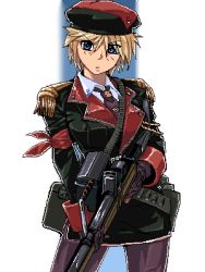 1girl aiguillette blonde_hair blue_eyes female_focus gloves gun lowres military military_uniform original pantyhose punpun rifle short_hair solo weapon
