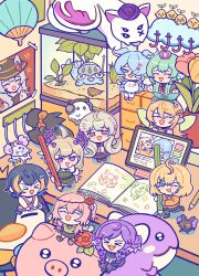 6+girls ahoge aloupeep_(enna_alouette) aquarium black_hair blonde_hair blue_eyes blue_hair book bow braid chibi choon_(cocochoobi) closed_eyes desk dragoon_(selen_tatsuki) elira_pendora enna_alouette finana_ryugu flower green_hair green_wings grey_hair hair_bow hair_over_one_eye highres long_hair lucie_(millie_parfait) millie_parfait monitor multiple_girls nijisanji nijisanji_en nina_kosaka one_eye_closed open_book open_mouth pencil pentomo_(petra_gurin) petra_gurin pikl_(elira_pendora) pink_eyes pink_hair pointy_ears pomu_rainpuff pomudachi_(pomu_rainpuff) poppi_(reimu_endou) purple_eyes purple_hair red_flower reimu_endou rosebud_(rosemi_lovelock) rosemi_lovelock ryuguard_(finana_ryugu) selen_tatsuki short_hair twin_braids vase virtual_youtuber wings yellow_flower