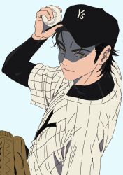 Rule 34 | 1boy, absurdres, ace of diamond, ball, baseball (object), baseball cap, baseball glove, baseball uniform, black hair, closed mouth, hashtag-only commentary, hat, highres, holding, holding ball, long sleeves, looking at viewer, male focus, owwellowww, sanada shunpei, short hair, simple background, solo, sportswear, upper body, yellow eyes