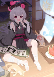 1girl absurdres bandaged_arm bandaged_leg bandages bare_shoulders barefoot black_kimono blue_archive breasts cat cleavage_cutout clothing_cutout fang food fruit gauze gauze_on_cheek grey_hair halo highres japanese_clothes kimono on_floor orange_cat pelvic_curtain red_eyes red_halo red_sash sash shuro_(blue_archive) small_breasts soles solo ukai_(user_rvvf3458) watermelon watermelon_slice