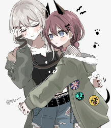 2girls :t absurdres animal_collar animal_ears badge bare_shoulders belt belt_buckle black_belt black_nails blue_eyes blush blush_stickers bow brown_hair buckle button_badge buttons closed_eyes closed_mouth collar collarbone commentary cowboy_shot crop_top denim dog_ears dog_girl dog_tail facing_ahead fingernails fishnet_pantyhose fishnet_top fishnets fur-trimmed_jacket fur_trim girls_band_cry green_jacket grey_hair hair_between_eyes hair_bow hamchan69 hand_on_own_face hand_up highres hood hood_down hooded_jacket hug interlocked_fingers iseri_nina jacket jeans kawaragi_momoka kemonomimi_mode leaning_on_person leaning_to_the_side long_fingernails long_sleeves looking_at_another medium_hair midriff motion_lines multiple_girls off_shoulder official_alternate_costume own_hands_together pants pantyhose polka_dot_shadow pout side-by-side simple_background sleeves_past_wrists sound_effects sweatdrop tail torn_clothes torn_jeans torn_pants v-shaped_eyebrows white_background yuri