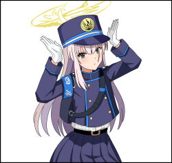 1girl armband belt black_belt blue_archive blue_armband blue_hat blue_skirt closed_mouth commentary_request cosplay gloves grey_eyes halo hands_up hat hikari_(blue_archive) hikari_(blue_archive)_(cosplay) long_hair long_sleeves looking_at_viewer pink_hair pleated_skirt rave10_11 simple_background skirt solo standing toji_no_miko tsubakuro_yume white_background white_gloves