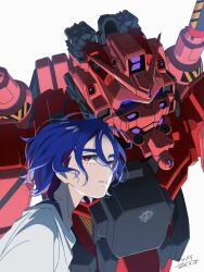 1boy blue_hair colored_inner_hair commentary dated gundam gundam_gquuuuuux hashtag-only_commentary highres kouda_mana looking_at_viewer lower_eyelashes_only male_focus mecha mobile_suit multicolored_hair purple_eyes purple_hair red_eyes red_gundam robot science_fiction shirt short_hair shuji_ito simple_background solo two-tone_hair v-fin white_background white_shirt